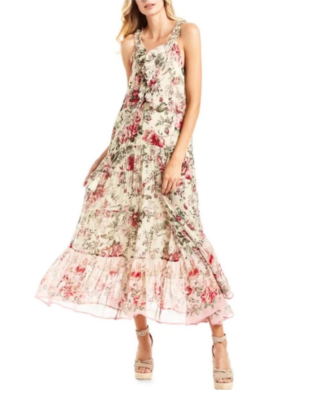 SECRET MISSION Emmeline Ruffle-Trim 100% Silk Maxi Dress Size Medium - Picture 1 of 15